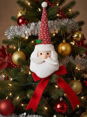 20" Plush Santa Claus Tree Topper - Cone Head Christmas Decoration with Red Bow